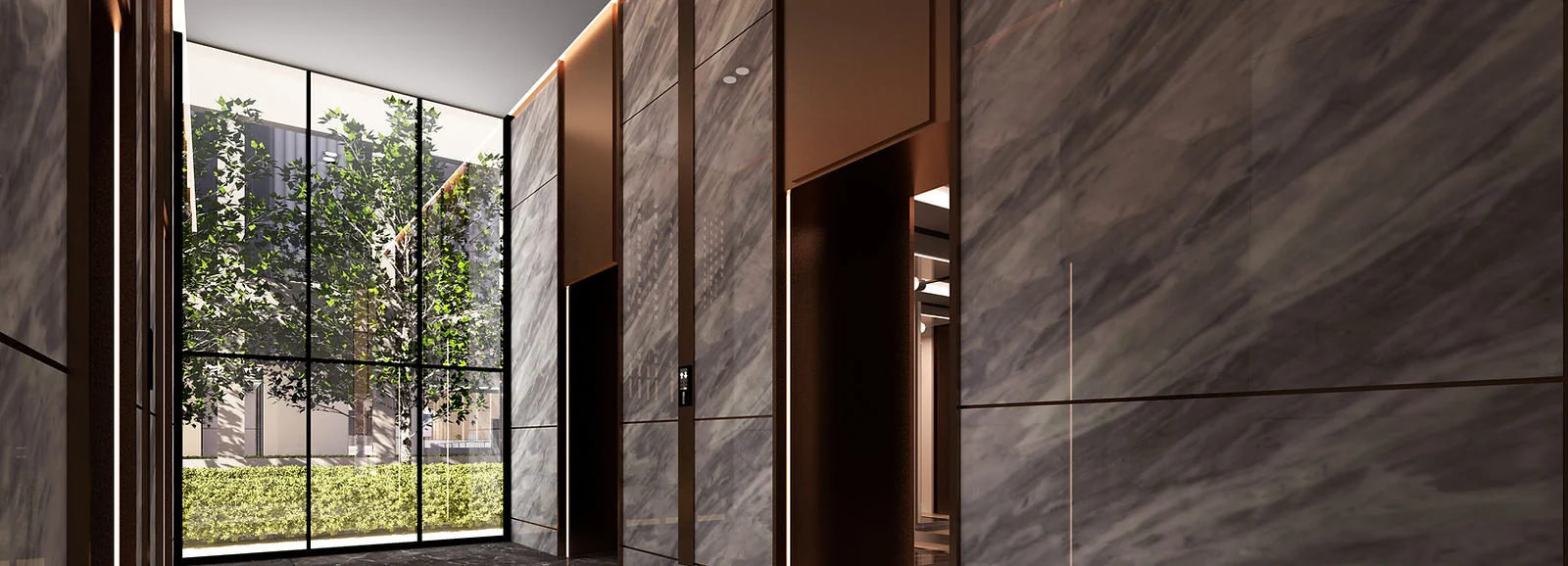 Lift lobby in grey marble with bronze detailing and a full-height window