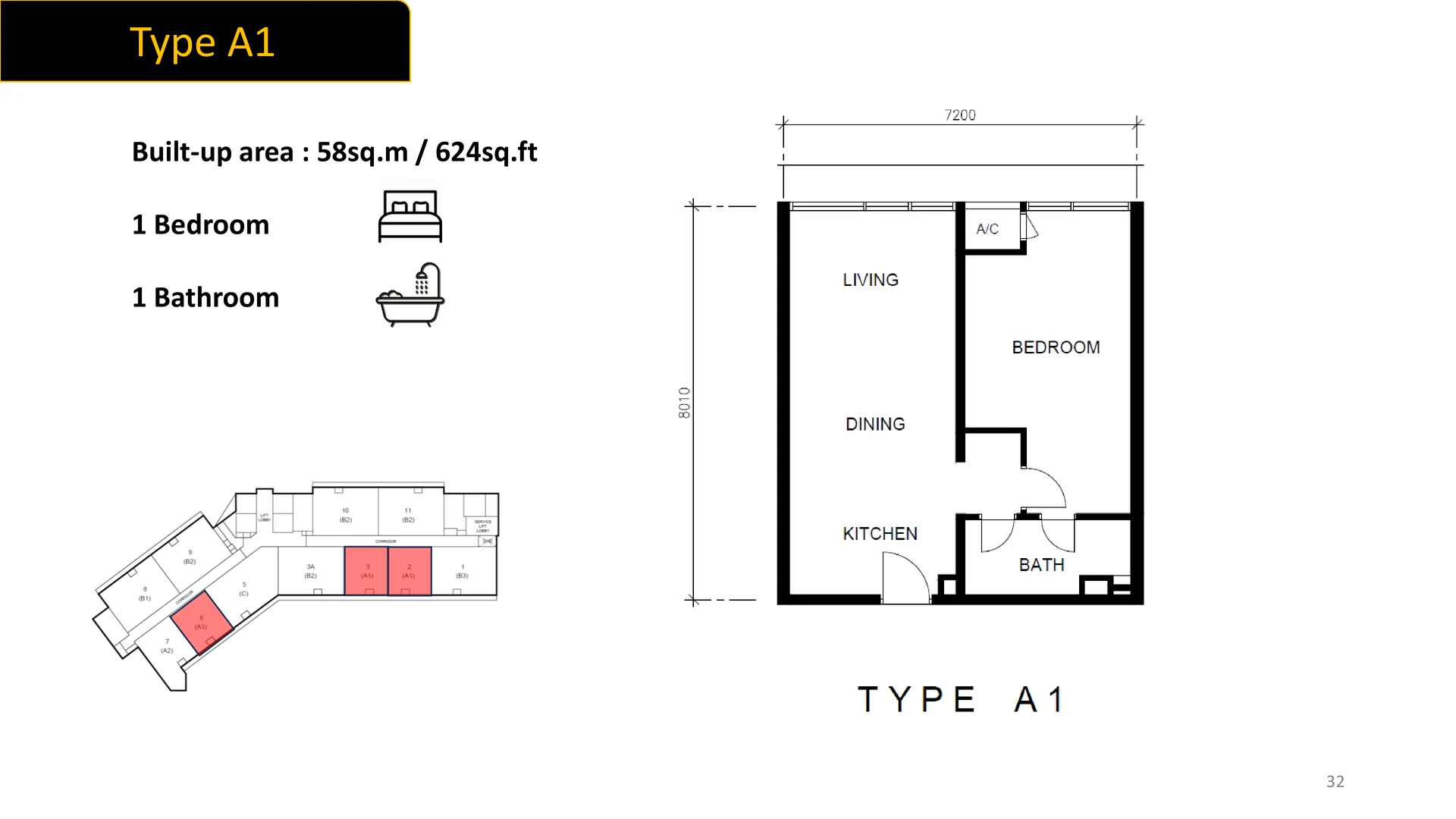 Type A1 floor plan, 624 square feet, one bedroom one bathroom