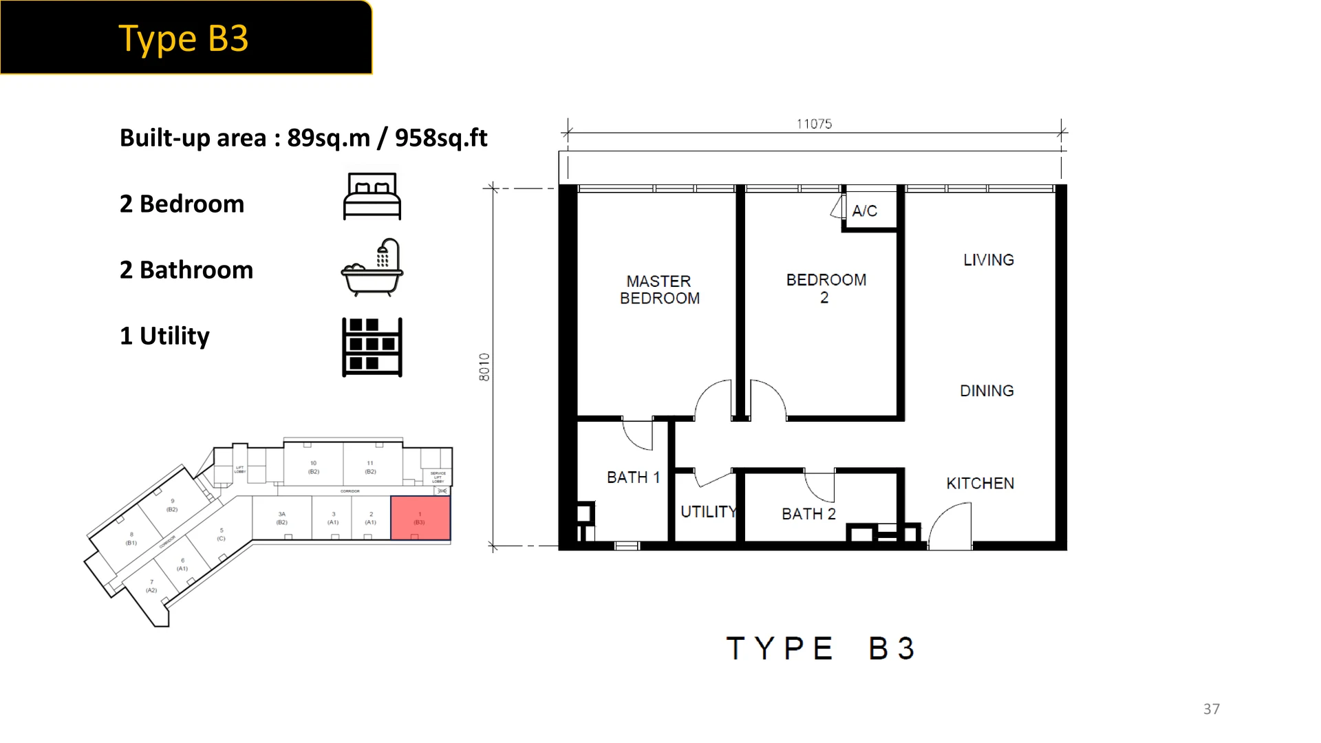 Type B3 floor plan, 958 square feet, two bedrooms two bathrooms with utility